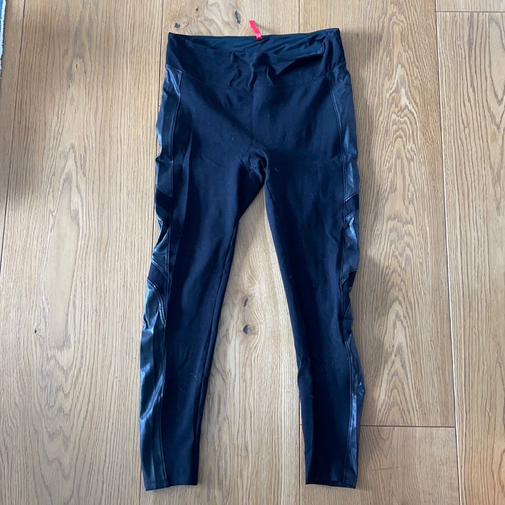 Spanx black leggings with faux leather strip
